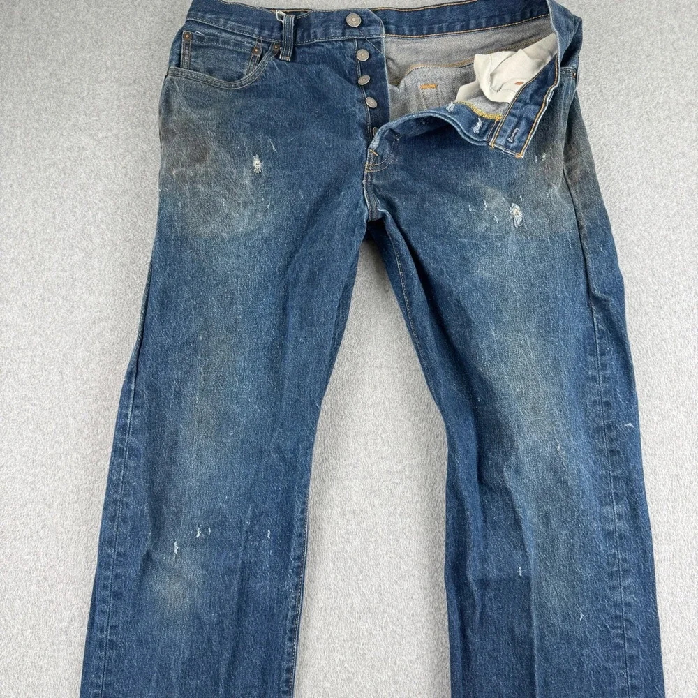 Levi's Jeans Mens 34 501 Original Blue Distressed Button Fly Straight Leg Denim